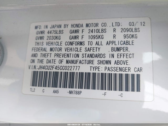 Продаж на аукціоні авто 2012 Acura Tsx 2.4, vin: JH4CU2F45CC022777, номер лоту: 45630126