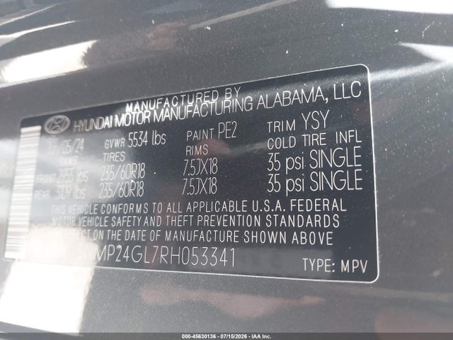 Aukcja sprzedaży 2024 Hyundai Santa Fe Sel, vin: 5NMP24GL7RH053341, numer aukcji: 45630136