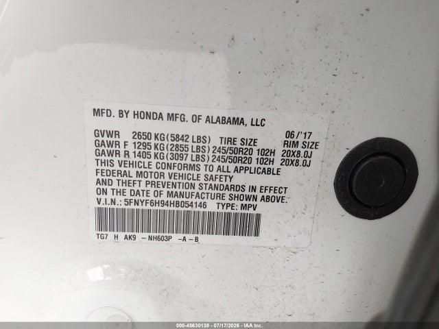 Honda Pilot Touring 2017 5FNYF6H94HB054146 Image 9