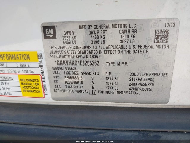 Chevrolet Traverse 2lt 2014 1GNKVHKD1EJ205263 Image 9