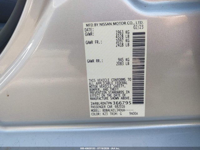 Продажа на аукционе авто 2023 Nissan Altima Sv Fwd, vin: 1N4BL4DV7PN366795, номер лота: 45630153