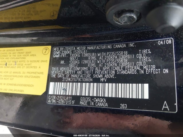 Продаж на аукціоні авто 2009 Lexus Rx 350, vin: 2T2HK31U79C108694, номер лоту: 45630158