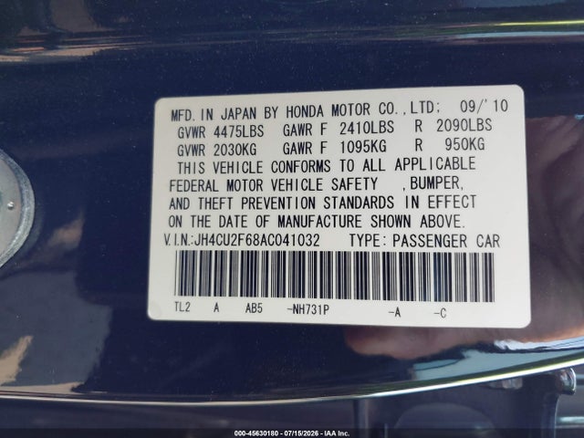45630180 :رقم المزاد ، JH4CU2F68AC041032 vin ، 2010 Acura Tsx 2.4 مزاد بيع