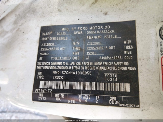 Продаж на аукціоні авто 2010 Ford Transit Connect Xl, vin: NM0LS7CN1AT030855, номер лоту: 45630183