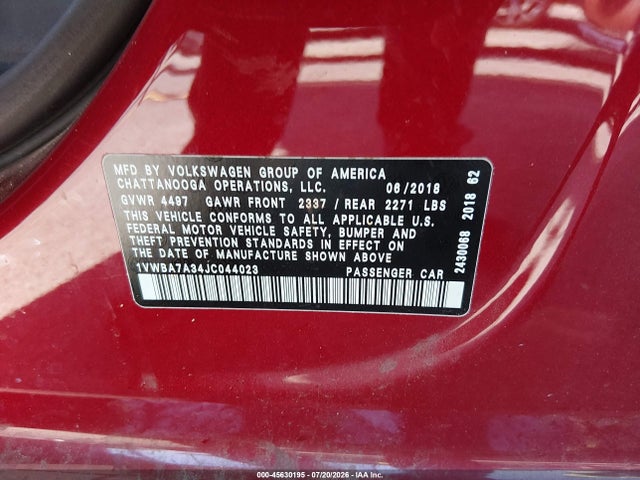 Продаж на аукціоні авто 2018 Volkswagen Passat 2.0t Se, vin: 1VWBA7A34JC044023, номер лоту: 45630195