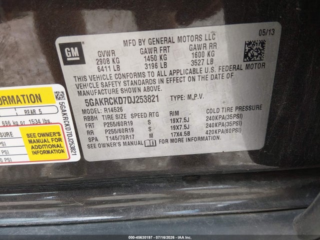 Aukcja sprzedaży 2013 Buick Enclave Leather, vin: 5GAKRCKD7DJ253821, numer aukcji: 45630197
