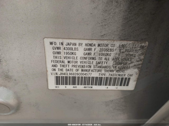 45630199 :رقم المزاد ، JH4CL96826C004577 vin ، 2006 Acura Tsx مزاد بيع
