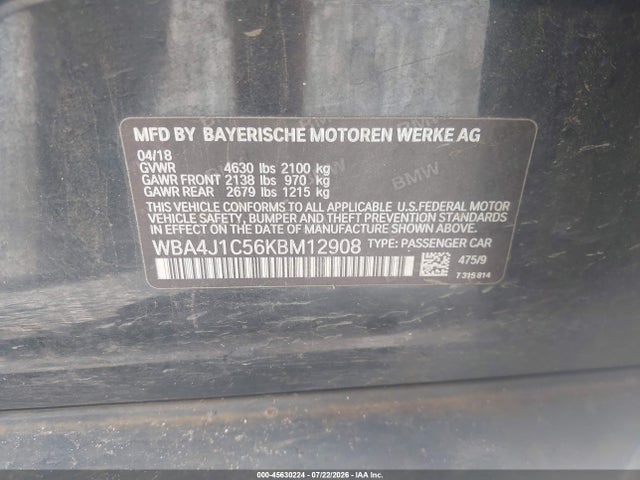 45630224 :رقم المزاد ، WBA4J1C56KBM12908 vin ، 2019 Bmw 430i Gran Coupe مزاد بيع