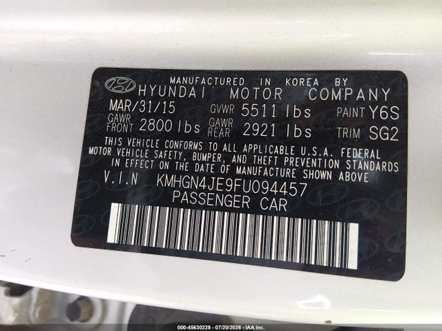 2015 Hyundai Genesis 3.8 მანქანა იყიდება აუქციონზე, vin: KMHGN4JE9FU094457, აუქციონის ნომერი: 45630229