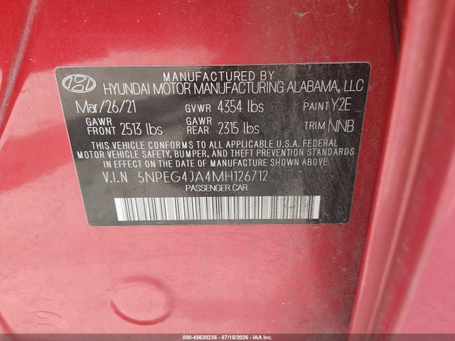 Aukcja sprzedaży 2021 Hyundai Sonata Se, vin: 5NPEG4JA4MH126712, numer aukcji: 45630236