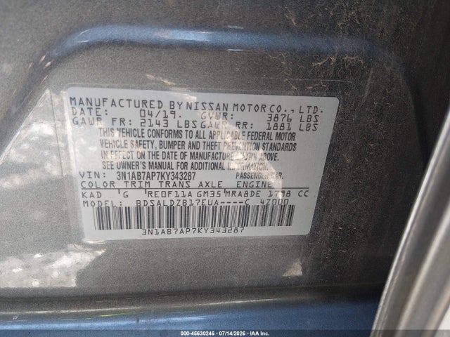 3N1AB7AP7KY343287 Nissan SENTRA SV