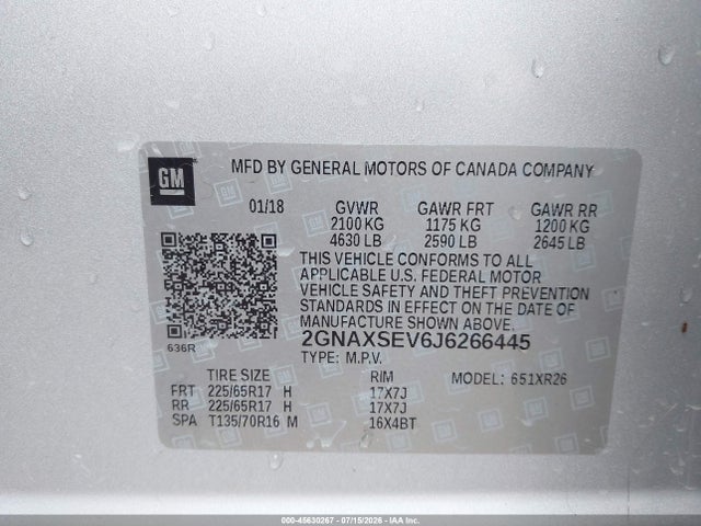 45630267 :رقم المزاد ، 2GNAXSEV6J6266445 vin ، 2018 Chevrolet Equinox Lt مزاد بيع