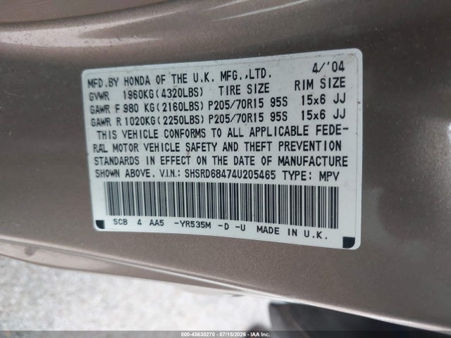 45630270 :رقم المزاد ، SHSRD68474U205465 vin ، 2004 Honda Cr-v Lx مزاد بيع