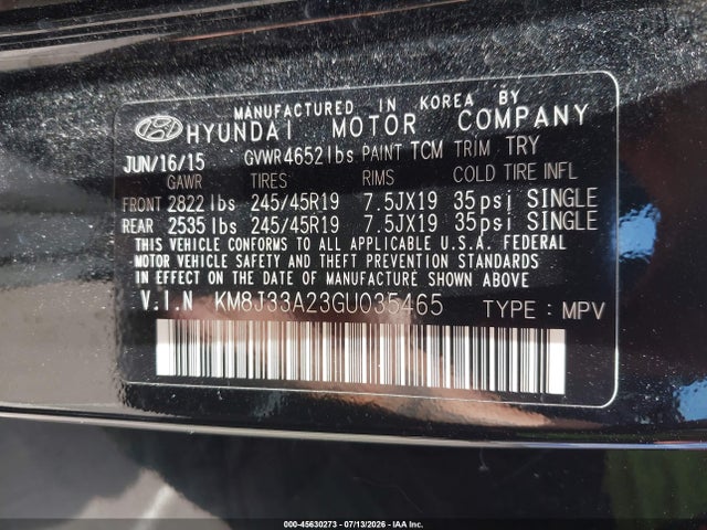 KM8J33A23GU035465 Hyundai Tucson Sport