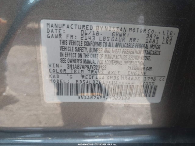 Продаж на аукціоні авто 2018 Nissan Sentra S, vin: 3N1AB7AP9JY323122, номер лоту: 45630282