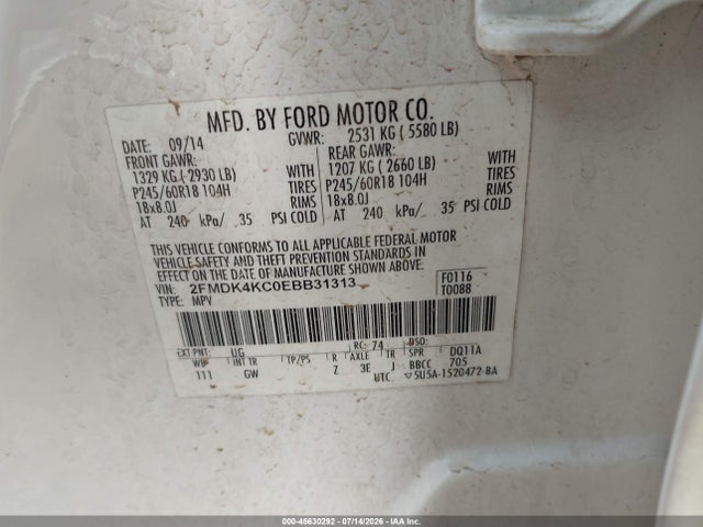 Ford Edge Limited 2014 2FMDK4KC0EBB31313 Image 9