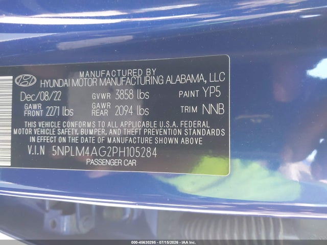 Продажа на аукционе авто 2023 Hyundai Elantra Sel, vin: 5NPLM4AG2PH105284, номер лота: 45630295