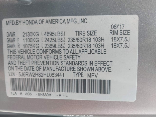 5J6RW2H82HL063441 Honda Cr-v Ex-l/ex-l Navi