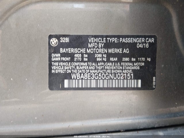 WBA8E3G50GNU02151 BMW 328i Xdrive