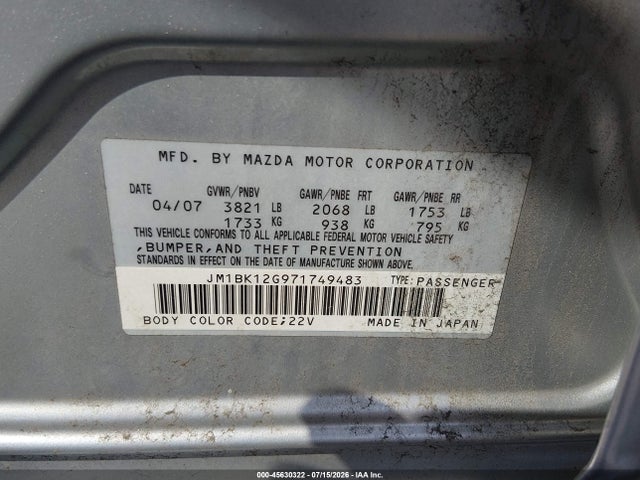 45630322 :رقم المزاد ، JM1BK12G971749483 vin ، 2007 Mazda Mazda3 I مزاد بيع