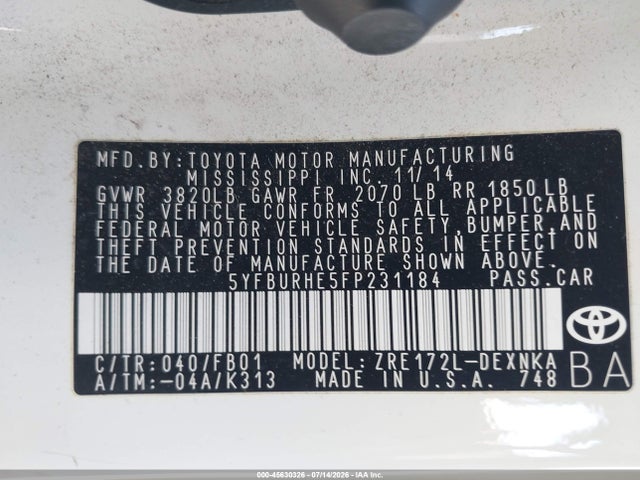 Toyota Corolla Le Plus 2015 5YFBURHE5FP231184 Image 9