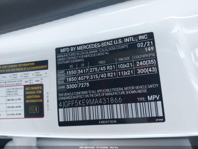Продажа на аукционе авто 2021 Mercedes-benz Gls 450 4matic, vin: 4JGFF5KE9MA431866, номер лота: 45630329