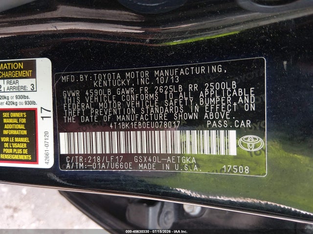 45630330 :رقم المزاد ، 4T1BK1EB0EU078017 vin ، 2014 Toyota Avalon Xle Premium مزاد بيع