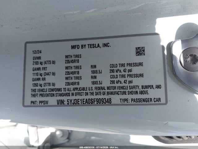 Продажа на аукционе авто 2025 Tesla Model 3 Long Range Rear-wheel Drive/standard Rear-wheel Drive, vin: 5YJ3E1EA0SF909348, номер лота: 45630338