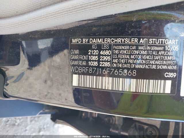 45630339 :رقم المزاد ، WDBRF87J16F765368 vin ، 2006 Mercedes-benz C 350 Luxury 4matic مزاد بيع
