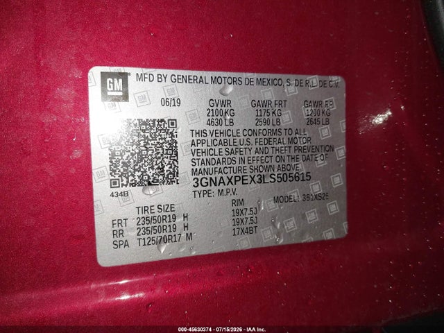 Aukcja sprzedaży 2020 Chevrolet Equinox Fwd Premier 2.0l Turbo, vin: 3GNAXPEX3LS505615, numer aukcji: 45630374