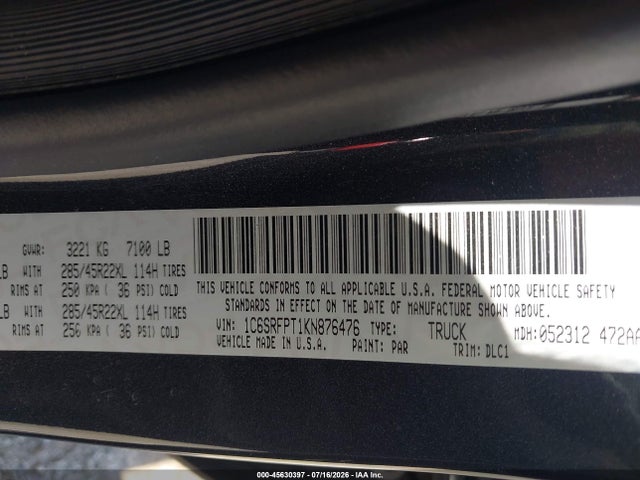 2019 Ram 1500 Limited  4x4 6'4 Box მანქანა იყიდება აუქციონზე, vin: 1C6SRFPT1KN876476, აუქციონის ნომერი: 45630397