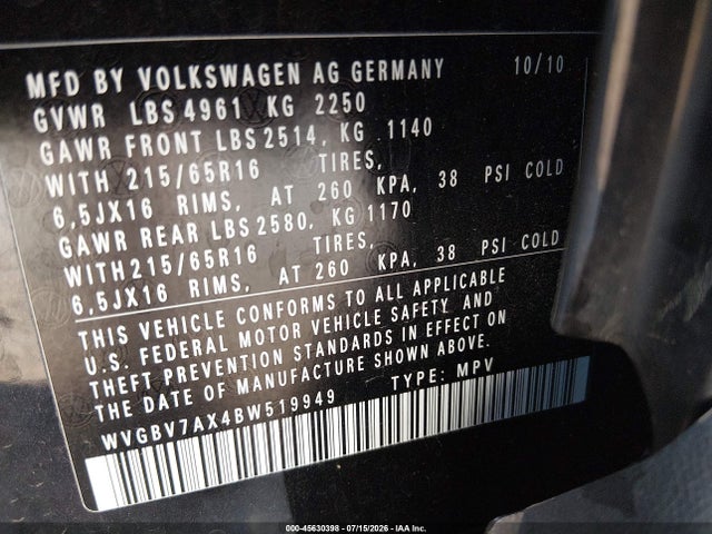 2011 Volkswagen Tiguan S მანქანა იყიდება აუქციონზე, vin: WVGBV7AX4BW519949, აუქციონის ნომერი: 45630398