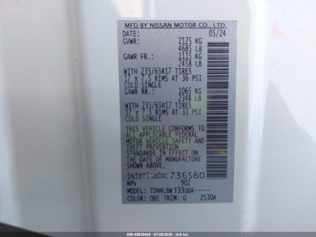 Продаж на аукціоні авто 2024 Nissan Rogue S Intelligent Awd, vin: 5N1BT3AB0RC736560, номер лоту: 45630408