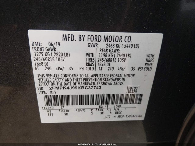 Ford EDGE SEL 2019 2FMPK4J99KBC37743 Image 9