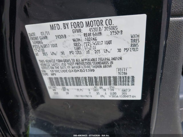 Продажа на аукционе авто 2011 Ford Escape Limited, vin: 1FMCU0EGXBKB21399, номер лота: 45630423