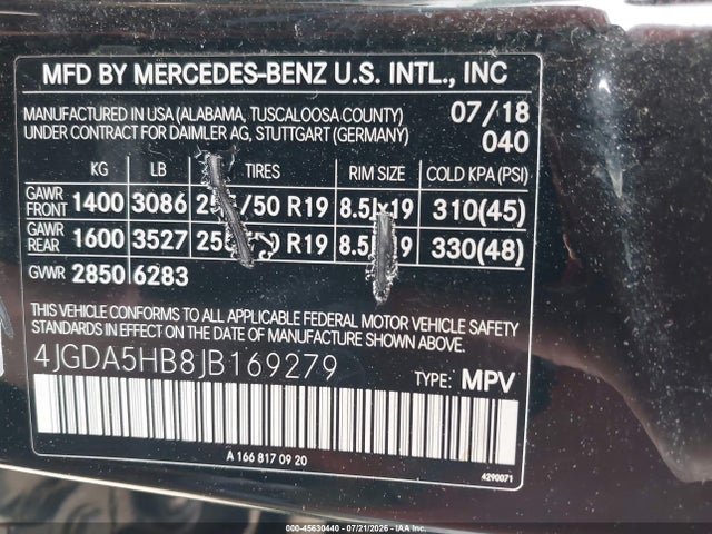 45630440 :رقم المزاد ، 4JGDA5HB8JB169279 vin ، 2018 Mercedes-benz Gle 350 4matic مزاد بيع
