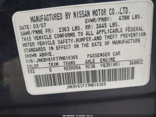 45630459 :رقم المزاد ، JNKBV61F77M816365 vin ، 2007 Infiniti G35x مزاد بيع