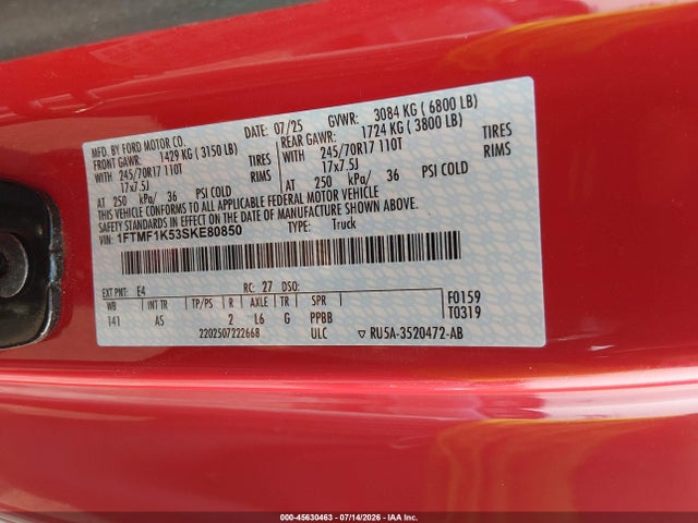 2025 Ford F-150 Xl მანქანა იყიდება აუქციონზე, vin: 1FTMF1K53SKE80850, აუქციონის ნომერი: 45630463