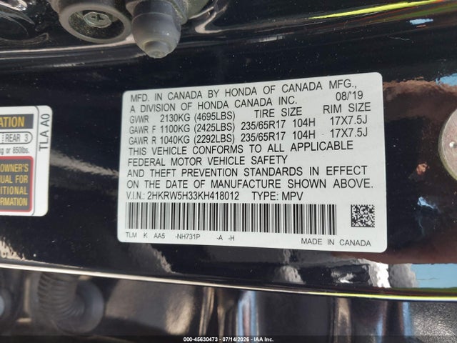 2HKRW5H33KH418012 Honda CR-V LX