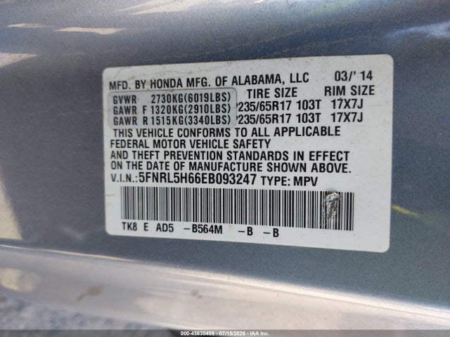 Honda Odyssey Ex-l 2014 5FNRL5H66EB093247 Image 9