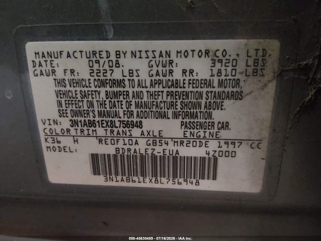2008 Nissan Sentra 2.0 S მანქანა იყიდება აუქციონზე, vin: 3N1AB61EX8L756948, აუქციონის ნომერი: 45630489