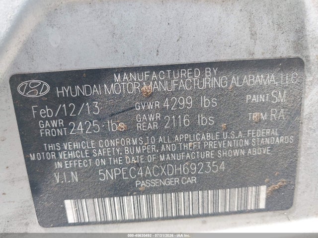 Продажа на аукционе авто 2013 Hyundai Sonata Se, vin: 5NPEC4ACXDH692354, номер лота: 45630492