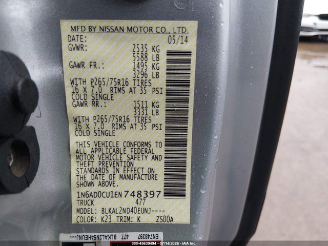 45630494 :رقم المزاد ، 1N6AD0CU1EN748397 vin ، 2014 Nissan Frontier Desert Runner مزاد بيع