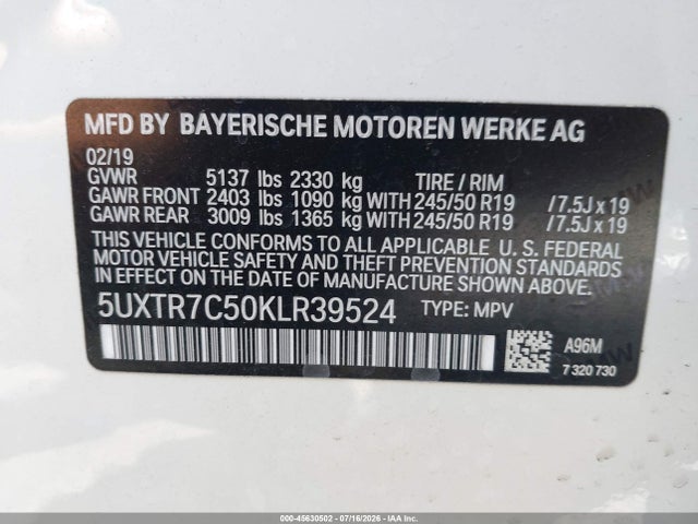 5UXTR7C50KLR39524 BMW X3 Sdrive30i