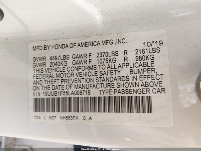 45630509 :رقم المزاد ، 19UUB1F55LA006719 vin ، 2020 Acura Tlx Tech Package مزاد بيع