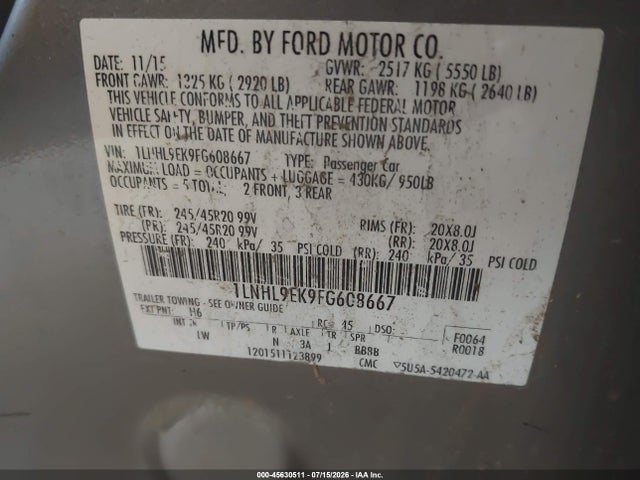 Aukcja sprzedaży 2015 Lincoln Mks, vin: 1LNHL9EK9FG608667, numer aukcji: 45630511