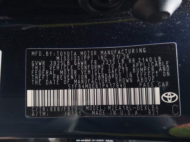 Toyota COROLLA LE 2026 5YFB4MDE6TP417840 Image 9