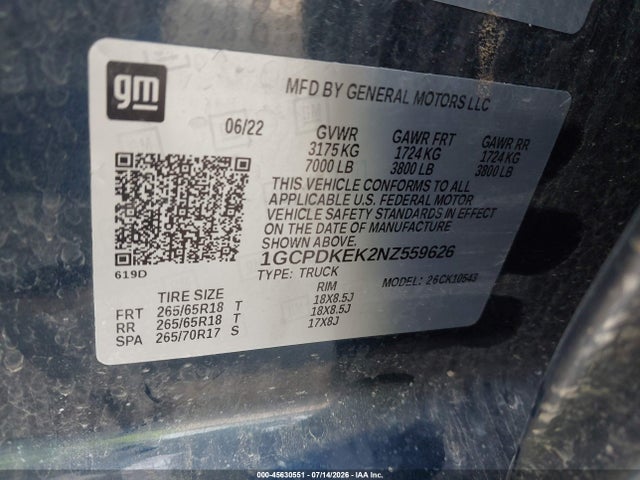 Продаж на аукціоні авто 2022 Chevrolet Silverado 1500 4wd  Short Bed Lt With 2fl, vin: 1GCPDKEK2NZ559626, номер лоту: 45630551