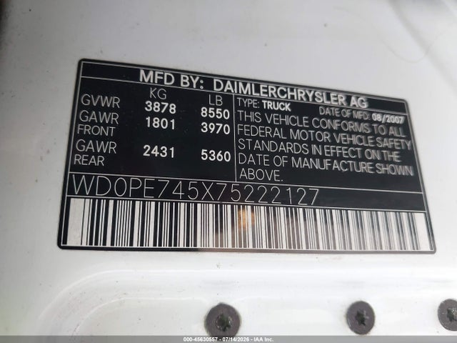 45630557 :رقم المزاد ، WD0PE745X75222127 vin ، 2007 Dodge Sprinter Van 2500 مزاد بيع