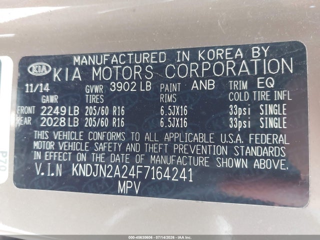 Aukcja sprzedaży 2015 Kia Soul, vin: KNDJN2A24F7164241, numer aukcji: 45630606